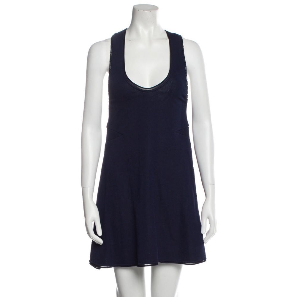 Calvin Klein Collection Marine Blue Cully Heavy Knit Leather Trim Mini Dress L
